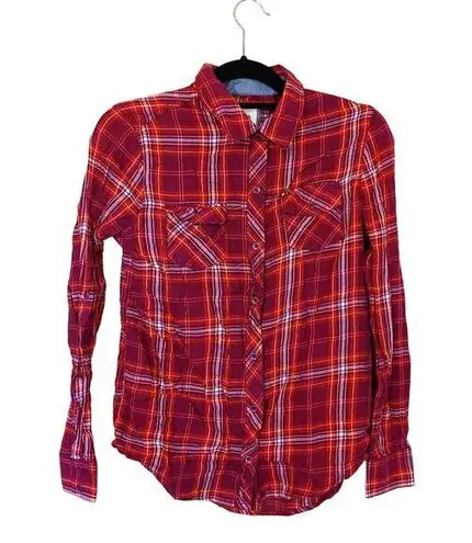 Arizona Jean Co Size Medium M Red Orange Plaid Button Up Long Sleeve Top Shirt