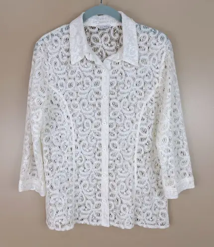 Erin London Cream Lace 3/4 Sleeve Button Up Shirt Blouse Medium Coastal Cowgirl