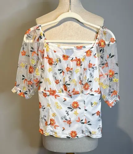 White Cream Ruffled Fitted 3/4 Sleeve Blouse Size L