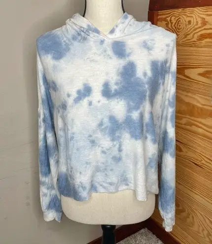 Kittenish Blue White Tie Dye Long Sleeve Cropped Boxy Hoodie Sweatshirt Medium
