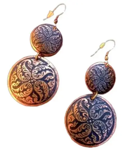 Vintage bronze etched boho earrings bohemian global shabby chic French hook folk Brown