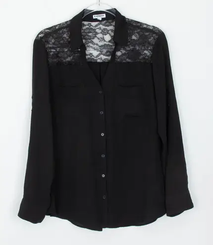 EXPRESS  Womens Lace Button Front Blouse Size L Black Roll Tab Sleeve Whimsigoth - Image 1
