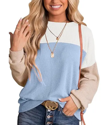 NWT ~ Blue & White Color Block Long Sleeve Pullover Crewneck Top ~ Women's XL