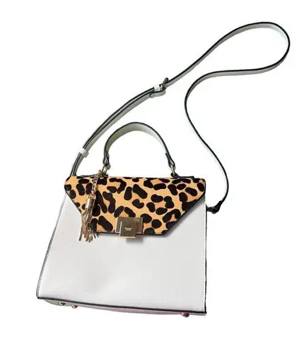 Dune London White Saffiano Leather Leopard Print Calf Hair Fur Trimmed Hand Bag
