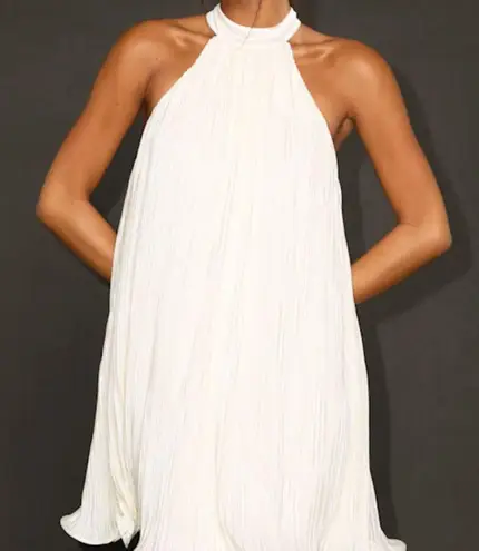 Lulus Vaivah White Satin Plisse Mock Neck Swing Mini Dress