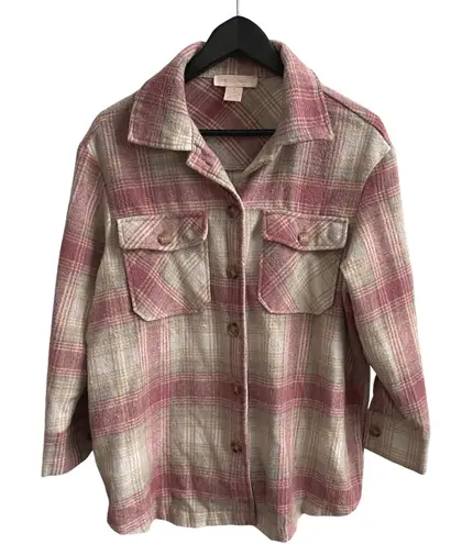 Emma's Expressions Plaid Button Up Shirt Jacket Flannel Womens Small Pink Beige