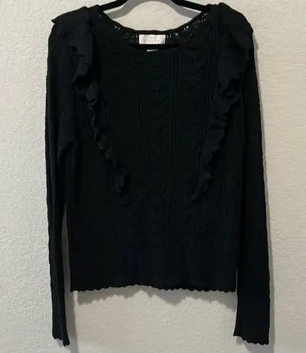 Rachel Parcell Black Pointelle Ruffle Lacy Knit Pullover Sweater, Size XL
