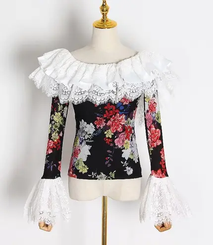 Slim fit ruffle floral top bell sleeves Victorian low cut back mesh lace blouse Multi Size XS