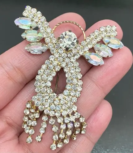 Vintage Sparkly Aurora Borealis AB Crystal Angel Fringe Gold