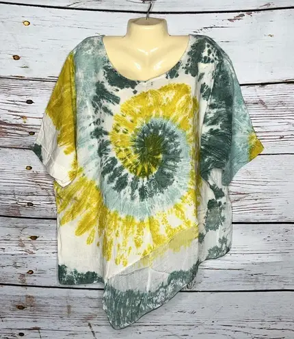 Kaktus NWT Size L Green & Yellow Tie Dye Chiffon Hemline Oversized Top Size L