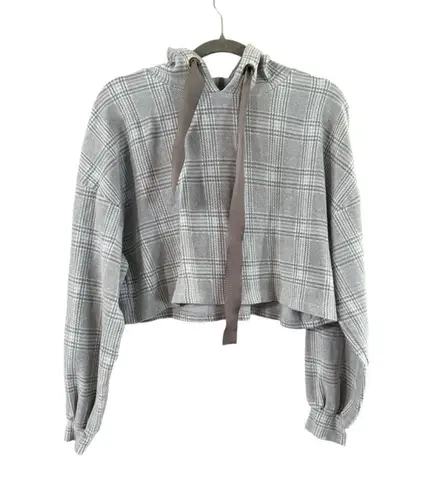 Women's Earth Music & Ecology Gray White Plaid Cropped Hoodie Size S