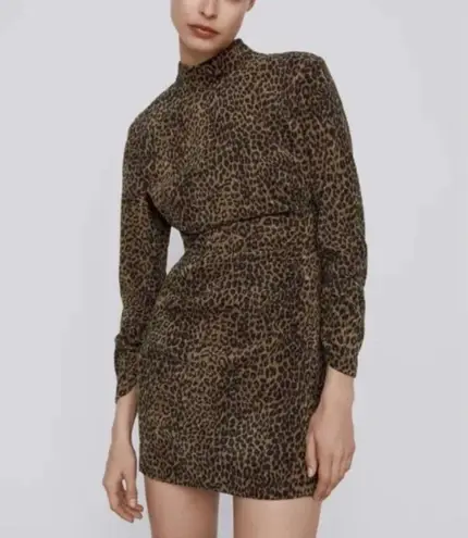 ZARA Corduroy Animal Print Leopard Long Sleeve Ruched Bodycon Dress Small S