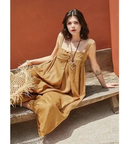 NEW Linen Relaxed Fit Cotton Sleeveless Loose Jumpsuit Adjustable Strap L Orange Size L