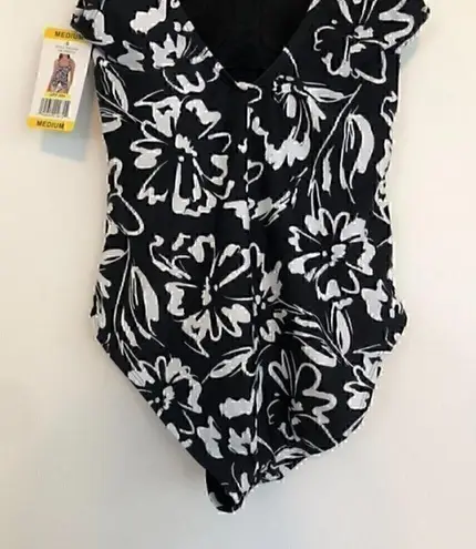 Hurley NEW NWT  Black White Floral Scoop Neck Low Back One Piece Swimsuit Medium