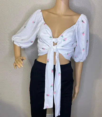 Love & Piece Strawberry Printed 5/8 Sleeve Waist Tie Crop Top White Pink Large