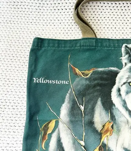 Yellowstone Vintage 90s Full Hunting Wolf In Leaves Green Canvas Souvenir Tote