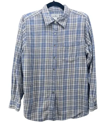 LL Bean Womens Flannel Shirt Size M Retro Plaid Button Down Cozy Fuzzy Comfy Blue Size M