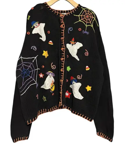 Tiara International Tiara Vintage Women’s Size XL Black Orange Candy Corn Ghosts Halloween Sweater