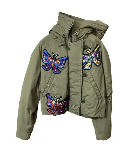 Jeremy Scott butterfly patch hooded crop jacket Size 8 Green