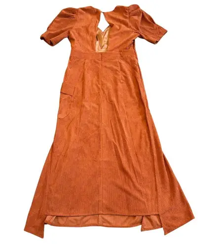 Du Paradis Burnt Orange Corduroy Dress Puff Sleeves Cutout Back Size Medium