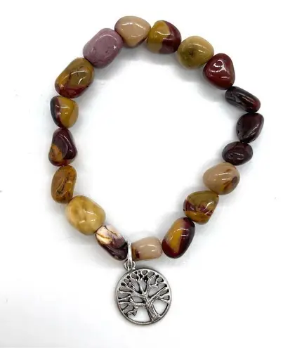 Mookaite Jasper with Tree of Life Charm Stretch Bracelet Silver - Image 1