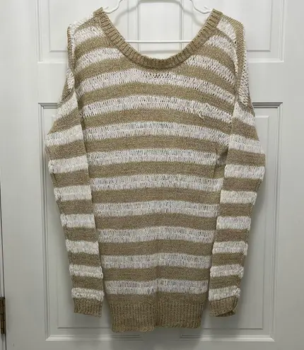 John + Jenn Women's Tan and White Loose Knit Long Line Stripe Sweater - Sz Small