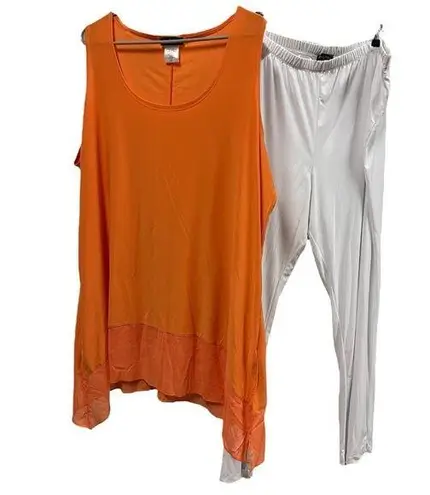 Slinky Brand Set  2 Piece Orange Flowy Cami Tank White Pants Comfort Womens 2X