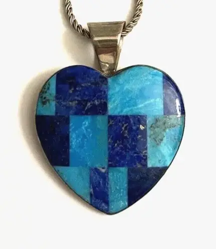 Jay King DTR Lapis Lazuli Turquoise Mosaic Inlay Heart Pendant Necklace 925