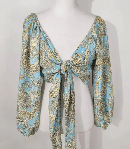Karma Highway Blue Cream Crop Top with Full Sleeves and Tie Waist One Size Size undefined