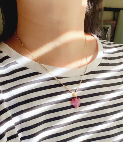 Handmade retro vintage fairy whimsical style quality Czech glass pink heart bead simple necklace🩷