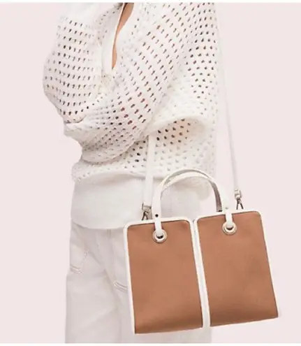 Kate Spade Sam Canvas Satchel Blazer Brown White Leather Trim Shoulder Bag Purse