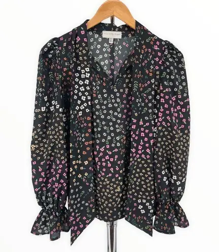 Never Fully Dressed Black Meadow Floral Tie Neck Long Sleeve Cinched Cuff Top 2