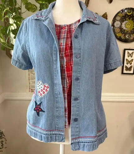 Vtg 90s Cottagecore Denim Plaid Layered Button Up Heart Embroidery Grandmacore