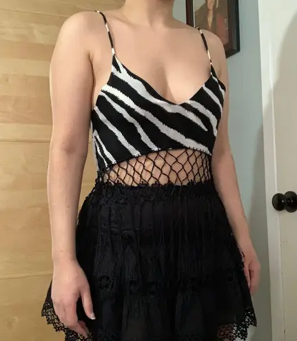 Indah Xolani Macrame Fringe Crop Tank Top Zebra Print