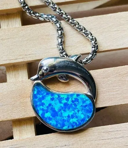Sterling Silver Dolphin Blue Opal Pendant