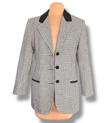 Vintage 90s Black White Houndstooth Blazer Jacket Velvet Collar Wool Blend 12