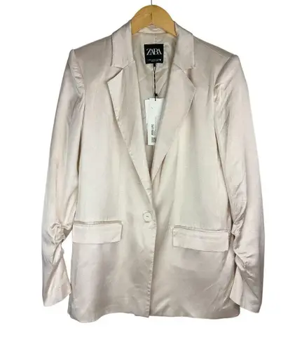 ZARA NWT  Satin Ruched Blazer Jacket Sz XS Champagne Ivory Blogger Fav