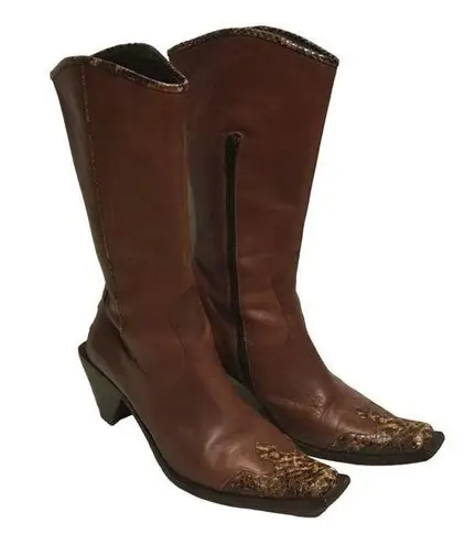 Enzo Angiolini Morisa Brown Leather Snakeskin Cowboy Western Boots