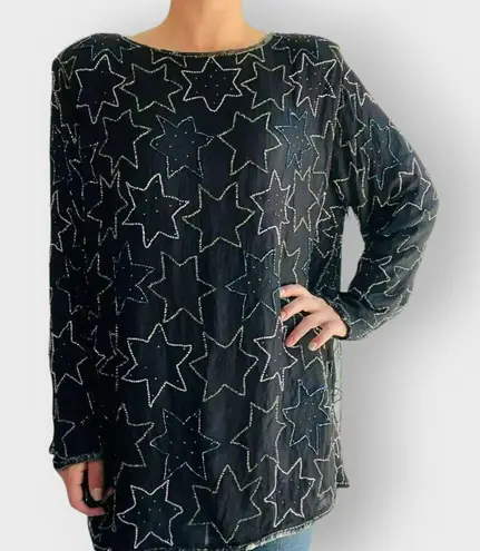 American Vintage Crimson Blouse Vintage Beaded Stars Novelty Long Sleeve Keyhole Black 100% Silk