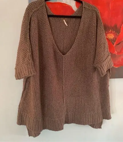 Free People  Beige Brown Oversize Loose Knit Slouchy Sweater Sz S Small