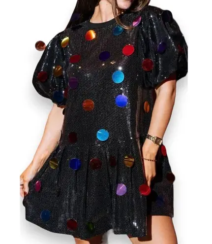 Queen of Sparkles black sequin puff sleeve rainbow paillette dress Size M