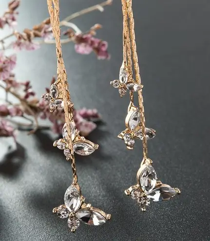 Gold Butterfly Crystal Long Tassel Dangle Drop Earrings for Women