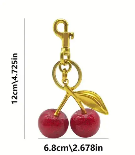 Gold Cherry Purse Charm Keychain | Red Glitter Fruit Bag Accessory