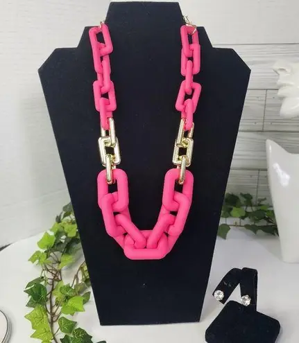 Chunky Pink and Gold Acrylic Rectangle Chain Necklace Set