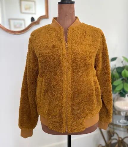 Mercantile Fuzzy Sherpa Bomber Jacket Women's Mustard Yellow Zip Up Warm Size M