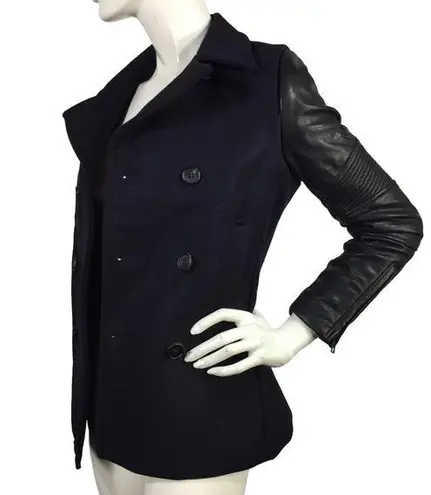All Saints Zaskia Pea Coat Navy Wool Black Leather
Sleeves Double Breasted