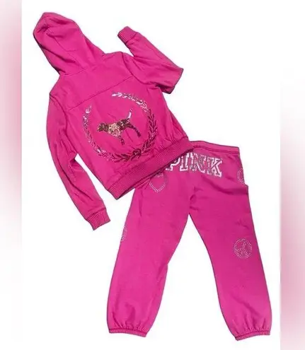 PINK - Victoria's Secret  Full Zip Faux Fur Pink Hoodie Set Sweatpants Large