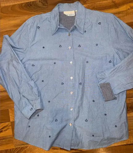 Vintage chambray heart floral embroidered button down top picnic cottagecore Blue Size XL