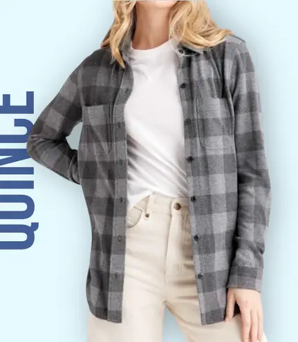 Quince Womens Small Gray Charcoal Plaid Stretch Sweater Fleece Button Down Shirt