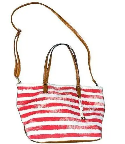 Canvas bag tan with red stripes!! Tan faux leather straps